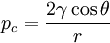 p_{c}={\frac  {2\gamma \cos \theta }{r}}