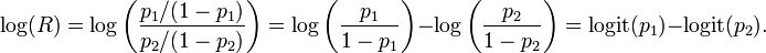 \operatorname {log}(R)=\log \left({\frac  {{p_{1}}/(1-p_{1})}{{p_{2}}/(1-p_{2})}}\right)=\log \left({\frac  {p_{1}}{1-p_{1}}}\right)-\log \left({\frac  {p_{2}}{1-p_{2}}}\right)=\operatorname {logit}(p_{1})-\operatorname {logit}(p_{2}).\!\,