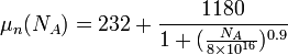 \mu _{n}(N_{A})=232+{\frac  {1180}{1+({\frac  {N_{A}}{8\times 10^{{16}}}})^{{0.9}}}}