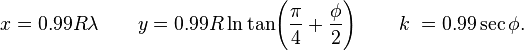 x=0.99R\lambda \qquad y=0.99R\ln \tan \!\left({\frac  {\pi }{4}}+{\frac  {\phi }{2}}\right)\qquad k\;=0.99\sec \phi .