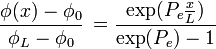 {\frac  {\phi (x)-\phi _{0}}{\phi _{L}-\phi _{0}}}\,={\frac  {\exp(P_{e}{\frac  {x}{L}})}{\exp(P_{e})-1}}