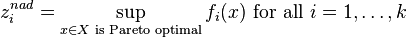 z_{i}^{{nad}}=\sup _{{x\in X{\text{ is Pareto optimal}}}}f_{i}(x){\text{ for all }}i=1,\ldots ,k