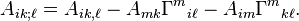 A_{{ik;\ell }}=A_{{ik,\ell }}-A_{{mk}}\Gamma ^{m}{}_{{i\ell }}-A_{{im}}\Gamma ^{m}{}_{{k\ell }}.\ 