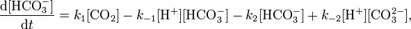 {\frac  {{\textrm  {d}}[{\textrm  {HCO}}_{3}^{-}]}{{\textrm  {d}}t}}=k_{1}[{\textrm  {CO}}_{2}]-k_{{-1}}[{\textrm  {H}}^{+}][{\textrm  {HCO}}_{3}^{-}]-k_{2}[{\textrm  {HCO}}_{3}^{-}]+k_{{-2}}[{\textrm  {H}}^{+}][{\textrm  {CO}}_{3}^{{2-}}],