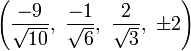 \left({\frac  {-9}{{\sqrt  {10}}}},\ {\frac  {-1}{{\sqrt  {6}}}},\ {\frac  {2}{{\sqrt  {3}}}},\ \pm 2\right)