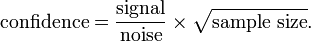 {\text{confidence}}={\frac  {\text{signal}}{\text{noise}}}\times {\sqrt  {{\text{sample size}}}}.