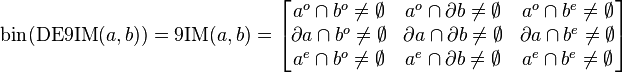 \operatorname {bin}(\operatorname {DE9IM}(a,b))=\operatorname {9IM}(a,b)={\begin{bmatrix}a^{o}\cap b^{o}\neq \emptyset &a^{o}\cap \partial {b}\neq \emptyset &a^{o}\cap b^{e}\neq \emptyset \\\partial {a}\cap b^{o}\neq \emptyset &\partial {a}\cap \partial {b}\neq \emptyset &\partial {a}\cap b^{e}\neq \emptyset \\a^{e}\cap b^{o}\neq \emptyset &a^{e}\cap \partial {b}\neq \emptyset &a^{e}\cap b^{e}\neq \emptyset \end{bmatrix}}