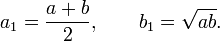 a_{1}={\frac  {a+b}{2}},\qquad b_{1}={\sqrt  {ab}}.\,