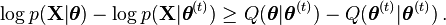 \log p({\mathbf  {X}}|{\boldsymbol  \theta })-\log p({\mathbf  {X}}|{\boldsymbol  \theta }^{{(t)}})\geq Q({\boldsymbol  \theta }|{\boldsymbol  \theta }^{{(t)}})-Q({\boldsymbol  \theta }^{{(t)}}|{\boldsymbol  \theta }^{{(t)}})\,.