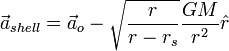 {\vec  {a}}_{{shell}}={\vec  {a}}_{o}-{\sqrt  {{\frac  {r}{r-r_{s}}}}}{\frac  {GM}{r^{2}}}{\hat  {r}}