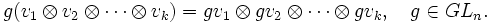 g(v_{1}\otimes v_{2}\otimes \cdots \otimes v_{k})=gv_{1}\otimes gv_{2}\otimes \cdots \otimes gv_{k},\quad g\in GL_{n}.