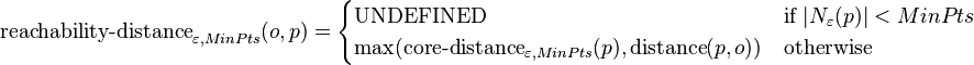 {\text{reachability-distance}}_{{\varepsilon ,MinPts}}(o,p)={\begin{cases}{\text{UNDEFINED}}&{\text{if }}|N_{\varepsilon }(p)|<MinPts\\\max({\text{core-distance}}_{{\varepsilon ,MinPts}}(p),{\text{distance}}(p,o))&{\text{otherwise}}\end{cases}}