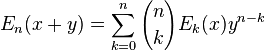 E_{n}(x+y)=\sum _{{k=0}}^{n}{n \choose k}E_{k}(x)y^{{n-k}}