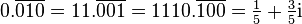 0.\overline {010}=11.\overline {001}=1110.\overline {100}={\tfrac  15}+{\tfrac  35}{\mathrm  i}