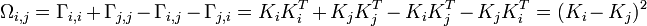 \Omega _{{i,j}}=\Gamma _{{i,i}}+\Gamma _{{j,j}}-\Gamma _{{i,j}}-\Gamma _{{j,i}}=K_{i}K_{i}^{T}+K_{j}K_{j}^{T}-K_{i}K_{j}^{T}-K_{j}K_{i}^{T}=(K_{i}-K_{j})^{2}