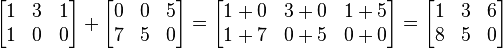 {\begin{bmatrix}1&3&1\\1&0&0\end{bmatrix}}+{\begin{bmatrix}0&0&5\\7&5&0\end{bmatrix}}={\begin{bmatrix}1+0&3+0&1+5\\1+7&0+5&0+0\end{bmatrix}}={\begin{bmatrix}1&3&6\\8&5&0\end{bmatrix}}