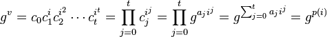 g^{v}=c_{0}c_{1}^{i}c_{2}^{{i^{2}}}\cdots c_{t}^{{i^{t}}}=\prod _{{j=0}}^{t}c_{j}^{{i^{j}}}=\prod _{{j=0}}^{t}g^{{a_{j}i^{j}}}=g^{{\sum _{{j=0}}^{t}a_{j}i^{j}}}=g^{{p(i)}}