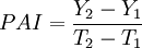 PAI={\frac  {Y_{2}-Y_{1}}{T_{2}-T_{1}}}