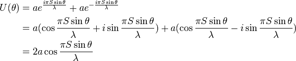 {\begin{aligned}U(\theta )&=ae^{{{\frac  {i\pi S\sin \theta }{\lambda }}}}+ae^{{-{\frac  {i\pi S\sin \theta }{\lambda }}}}\\&=a(\cos {{\frac  {\pi S\sin \theta }{\lambda }}}+i\sin {{\frac  {\pi S\sin \theta }{\lambda }}})+a(\cos {{\frac  {\pi S\sin \theta }{\lambda }}}-i\sin {{\frac  {\pi S\sin \theta }{\lambda }}})\\&=2a\cos {{\frac  {\pi S\sin \theta }{\lambda }}}\end{aligned}}