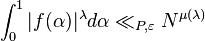 \int _{0}^{1}|f(\alpha )|^{\lambda }d\alpha \ll _{{P,\varepsilon }}N^{{\mu (\lambda )}}