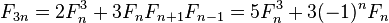 F_{{3n}}=2F_{n}^{3}+3F_{n}F_{{n+1}}F_{{n-1}}=5F_{n}^{3}+3(-1)^{n}F_{n}