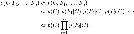 {\begin{aligned}p(C\vert F_{1},\dots ,F_{n})&\varpropto p(C,F_{1},\dots ,F_{n})\\&\varpropto p(C)\ p(F_{1}\vert C)\ p(F_{2}\vert C)\ p(F_{3}\vert C)\ \cdots \\&\varpropto p(C)\prod _{{i=1}}^{n}p(F_{i}\vert C)\,.\end{aligned}}