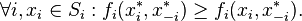 \forall i,x_{i}\in S_{i}:f_{i}(x_{{i}}^{*},x_{{-i}}^{*})\geq f_{i}(x_{{i}},x_{{-i}}^{*}).