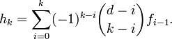 h_{k}=\sum _{{i=0}}^{k}(-1)^{{k-i}}{\binom  {d-i}{k-i}}f_{{i-1}}.