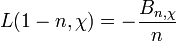 L(1-n,\chi )=-{\frac  {B_{{n,\chi }}}{n}}