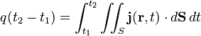 q(t_{2}-t_{1})=\int _{{t_{1}}}^{{t_{2}}}\iint _{S}{\mathbf  {j}}({\mathbf  {r}},t)\cdot d{\mathbf  {S}}\,dt\,