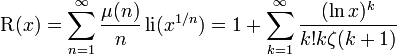 \operatorname {R}(x)=\sum _{{n=1}}^{{\infty }}{\frac  {\mu (n)}{n}}\operatorname {li}(x^{{1/n}})=1+\sum _{{k=1}}^{\infty }{\frac  {(\ln x)^{k}}{k!k\zeta (k+1)}}