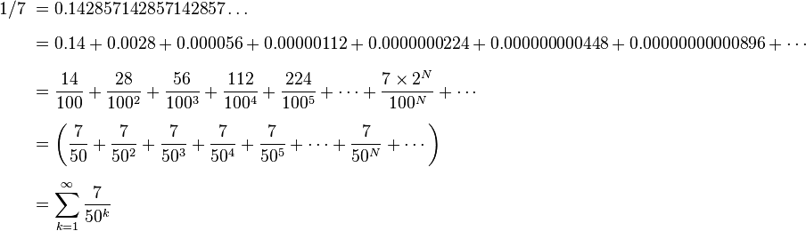 {\begin{aligned}1/7\ &=0.142857142857142857\ldots \\[6pt]&=0.14+0.0028+0.000056+0.00000112+0.0000000224+0.000000000448+0.00000000000896+\cdots \\[6pt]&={\frac  {14}{100}}+{\frac  {28}{100^{2}}}+{\frac  {56}{100^{3}}}+{\frac  {112}{100^{4}}}+{\frac  {224}{100^{5}}}+\cdots +{\frac  {7\times 2^{N}}{100^{N}}}+\cdots \\[6pt]&=\left({\frac  {7}{50}}+{\frac  {7}{50^{2}}}+{\frac  {7}{50^{3}}}+{\frac  {7}{50^{4}}}+{\frac  {7}{50^{5}}}+\cdots +{\frac  {7}{50^{N}}}+\cdots \right)\\[6pt]&=\sum _{{k=1}}^{\infty }{\frac  {7}{50^{k}}}\end{aligned}}