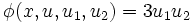 \phi (x,u,u_{{1}},u_{{2}})=3u_{{1}}u_{{2}}\,