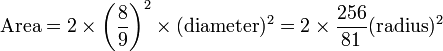 {\text{Area}}=2\times \left({\frac  {8}{9}}\right)^{2}\times ({\text{diameter}})^{2}=2\times {\frac  {256}{81}}({\text{radius}})^{2}