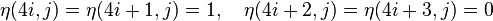 \eta (4i,j)=\eta (4i+1,j)=1,\quad \eta (4i+2,j)=\eta (4i+3,j)=0