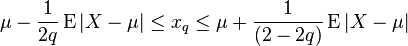 \mu -{\frac  {1}{2q}}\operatorname {E}|X-\mu |\leq x_{q}\leq \mu +{\frac  {1}{(2-2q)}}\operatorname {E}|X-\mu |