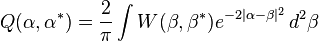 Q(\alpha ,\alpha ^{*})={\frac  {2}{\pi }}\int W(\beta ,\beta ^{*})e^{{-2|\alpha -\beta |^{2}}}\,d^{2}\beta 