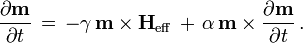 {\frac  {\partial {\textbf  m}}{\partial t}}\,=\,-\gamma \,{\textbf  m}\times {\textbf  {H}}_{{{\mathrm  {eff}}}}\,+\,\alpha \,{\textbf  m}\times {\frac  {\partial {\textbf  m}}{\partial t}}\,.\qquad 