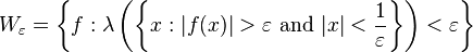 W_{\varepsilon }=\left\{f:\lambda \left(\left\{x:|f(x)|>\varepsilon \ {\text{and}}\ |x|<{\frac  {1}{\varepsilon }}\right\}\right)<\varepsilon \right\}