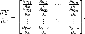 {\frac  {\partial {\mathbf  {Y}}}{\partial x}}={\begin{bmatrix}{\frac  {\partial y_{{11}}}{\partial x}}&{\frac  {\partial y_{{12}}}{\partial x}}&\cdots &{\frac  {\partial y_{{1n}}}{\partial x}}\\{\frac  {\partial y_{{21}}}{\partial x}}&{\frac  {\partial y_{{22}}}{\partial x}}&\cdots &{\frac  {\partial y_{{2n}}}{\partial x}}\\\vdots &\vdots &\ddots &\vdots \\{\frac  {\partial y_{{m1}}}{\partial x}}&{\frac  {\partial y_{{m2}}}{\partial x}}&\cdots &{\frac  {\partial y_{{mn}}}{\partial x}}\\\end{bmatrix}}.