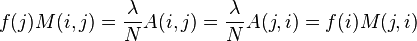 f(j)M(i,j)={\frac  {\lambda }{N}}A(i,j)={\frac  {\lambda }{N}}A(j,i)=f(i)M(j,i)