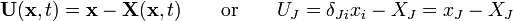 \ {\mathbf  U}({\mathbf  x},t)={\mathbf  x}-{\mathbf  X}({\mathbf  x},t)\qquad {\text{or}}\qquad U_{J}=\delta _{{Ji}}x_{i}-X_{J}=x_{J}-X_{J}