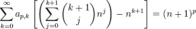 \sum _{{k=0}}^{\infty }a_{{p,k}}\left[\left(\sum _{{j=0}}^{{k+1}}{\binom  {k+1}{j}}n^{j}\right)-n^{{k+1}}\right]=(n+1)^{p}