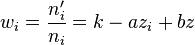 w_{i}={\frac  {n'_{i}}{n_{i}}}=k-az_{i}+bz