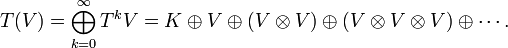 T(V)=\bigoplus _{{k=0}}^{\infty }T^{k}V=K\oplus V\oplus (V\otimes V)\oplus (V\otimes V\otimes V)\oplus \cdots .