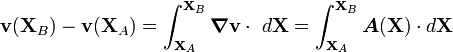 {\mathbf  {v}}({\mathbf  {X}}_{B})-{\mathbf  {v}}({\mathbf  {X}}_{A})=\int _{{{\mathbf  {X}}_{A}}}^{{{\mathbf  {X}}_{B}}}{\boldsymbol  {\nabla }}{\mathbf  {v}}\cdot ~d{\mathbf  {X}}=\int _{{{\mathbf  {X}}_{A}}}^{{{\mathbf  {X}}_{B}}}{\boldsymbol  {A}}({\mathbf  {X}})\cdot d{\mathbf  {X}}