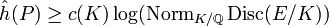 {\hat  h}(P)\geq c(K)\log(\operatorname {Norm}_{{K/{\mathbb  {Q}}}}\operatorname {Disc}(E/K))\quad 