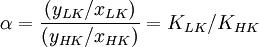 \alpha ={\frac  {(y_{{LK}}/x_{{LK}})}{(y_{{HK}}/x_{{HK}})}}=K_{{LK}}/K_{{HK}}