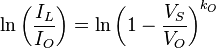 \ln \left({\frac  {I_{L}}{I_{O}}}\right)=\ln \left(1-{\frac  {V_{S}}{V_{O}}}\right)^{{k_{O}}}