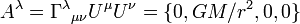 A^{\lambda }=\Gamma ^{\lambda }{}_{{\mu \nu }}U^{\mu }U^{\nu }=\{0,GM/r^{2},0,0\}